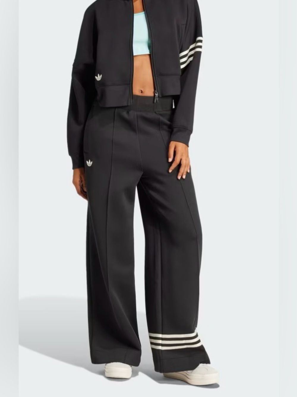 Adidas Black Wide-Leg Track Pants with Contrast Hem Stripes - Picture 3 of 9